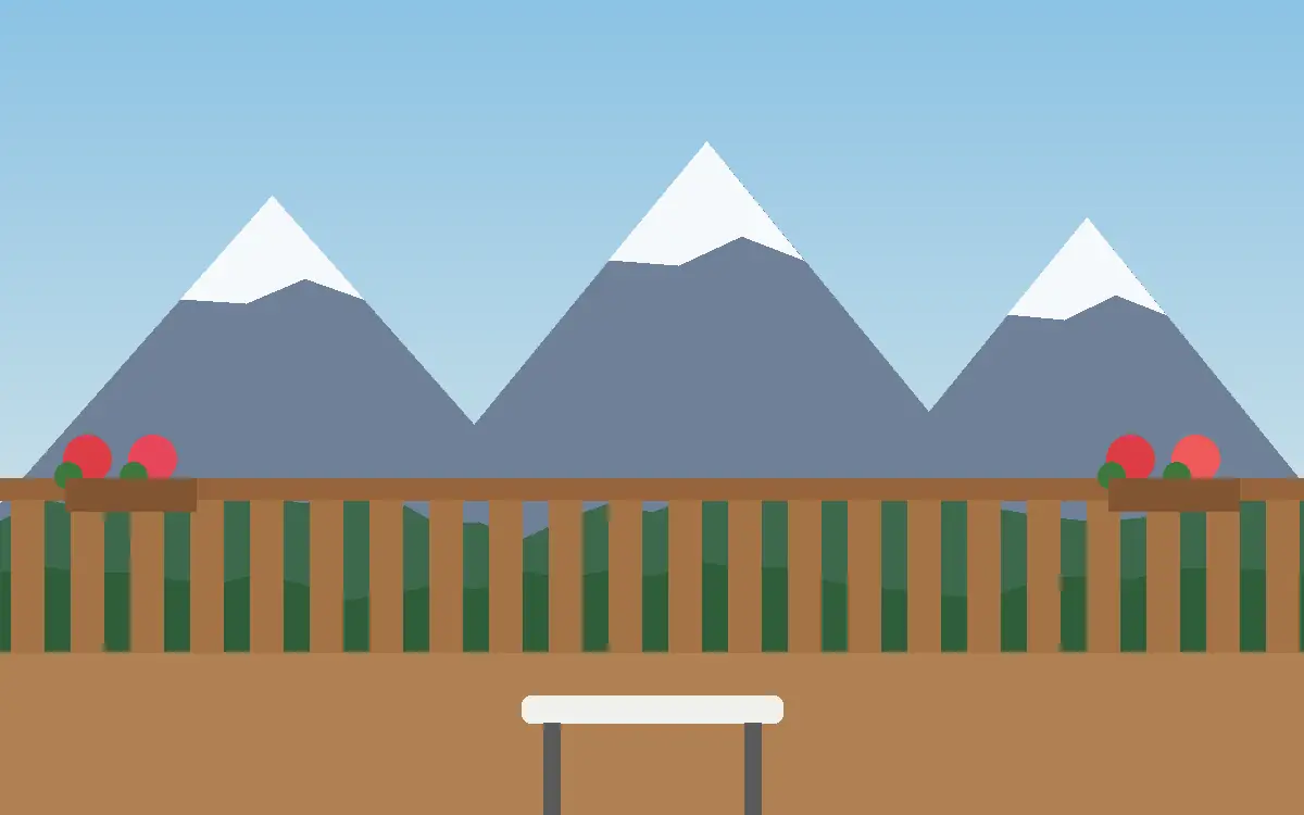 Illustration: Holzbalkon mit Blumen und Blick auf die Berge