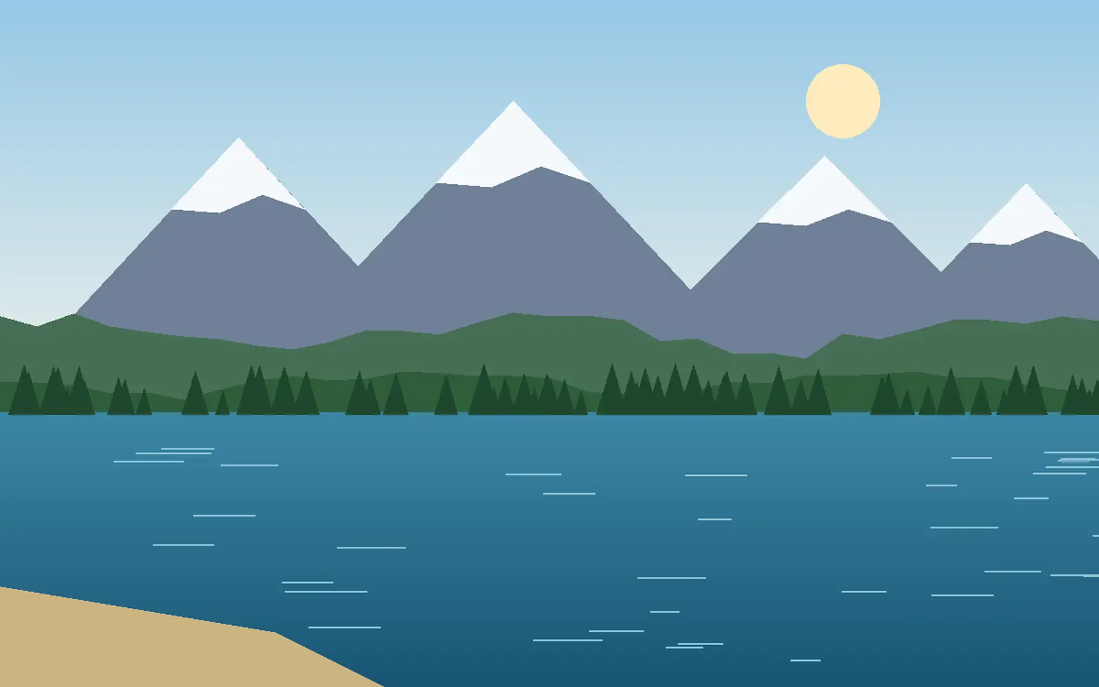 Illustration: Berge mit Schneegipfeln über einem blauen See und Wald