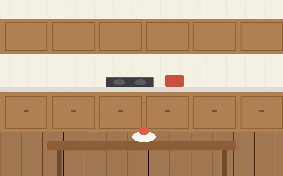 Illustration: Küche mit Holzfronten, Kochfeld und Esstisch