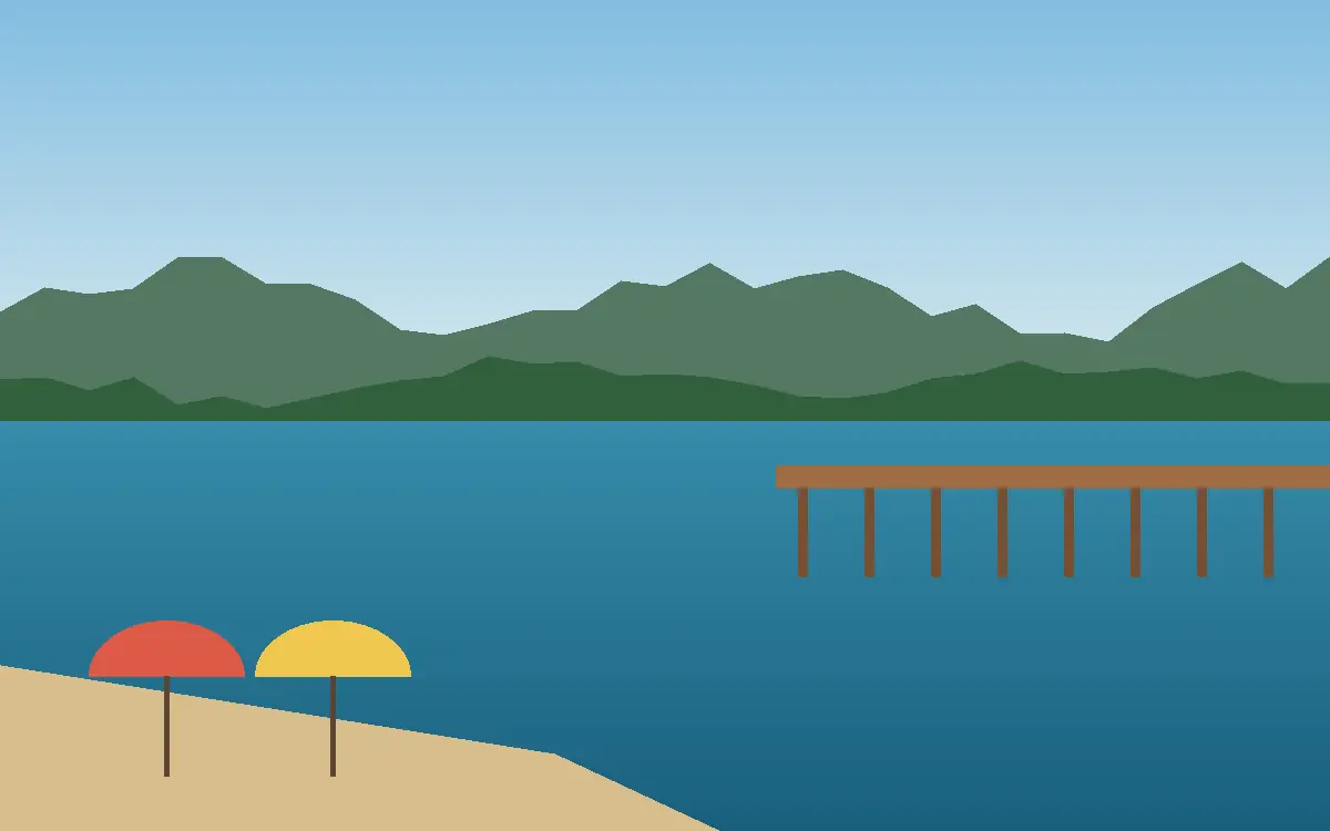 Illustration: Badesee mit Steg, Sandstrand und Sonnenschirmen