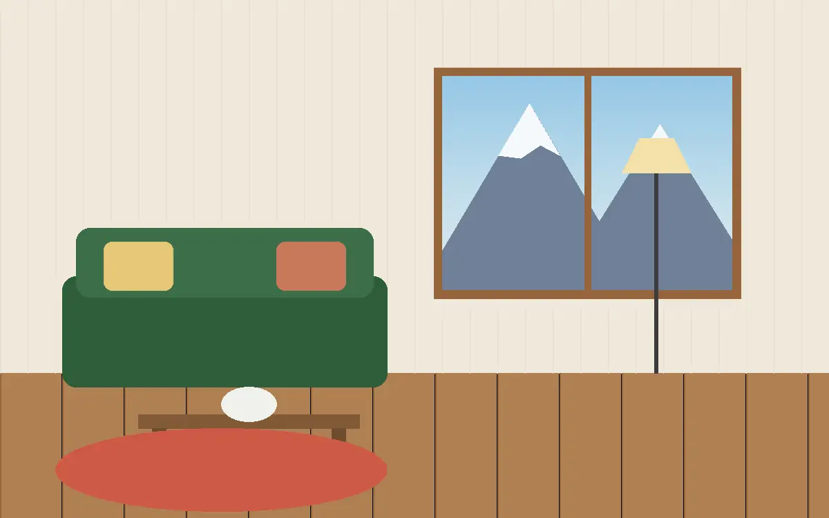 Illustration: Wohnraum mit grünem Sofa, Holzboden und Fenster mit Bergblick